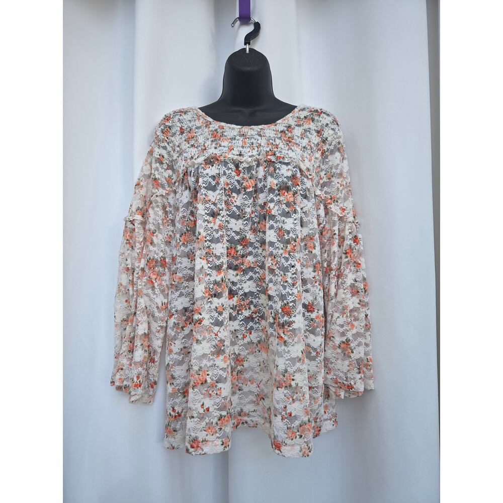 Kori America Boho Fairy Cottage Floral Lace Belled Sleeve Blouse - Large - EUC